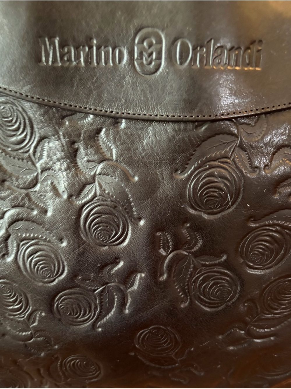 Marino Orlandi Black Embossed Rose Leather Tote with Gold Hardware - Picture 2 of 11